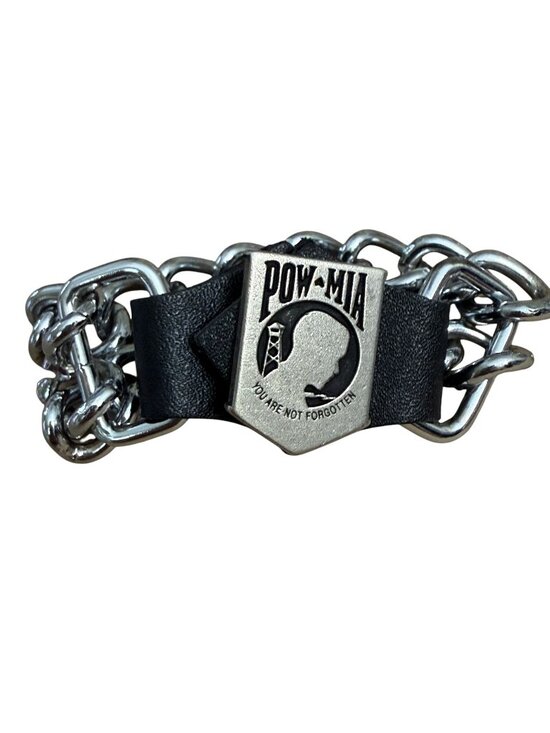POW MIA Other - POW MIA Motorcycle Vest Extender Double Chrome Chains Black Leather Tabs Snaps